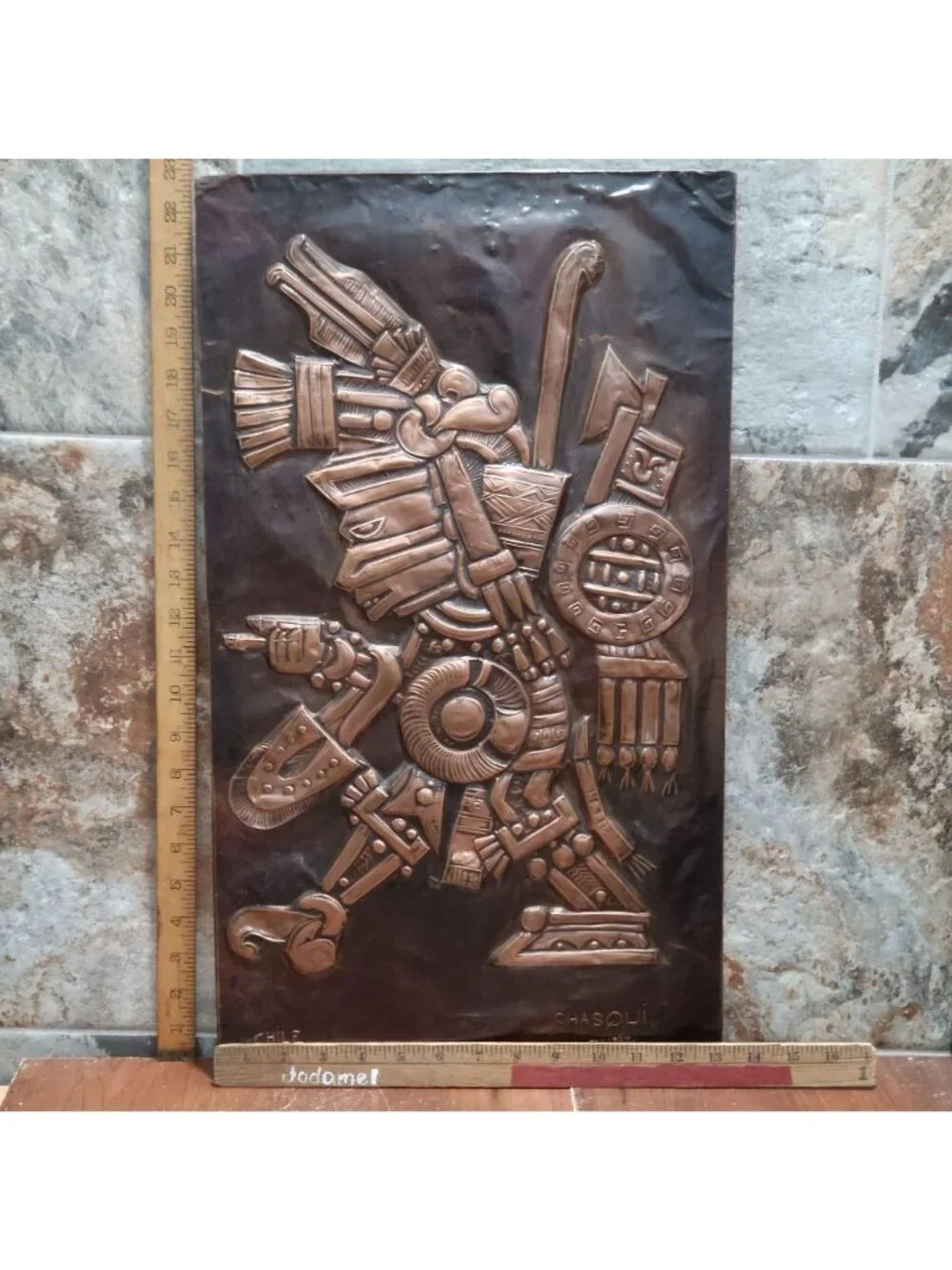 VTG Aztec Copper Relief Wall Plaque Tezcatlipoca Caliban Chile Chasqui Art